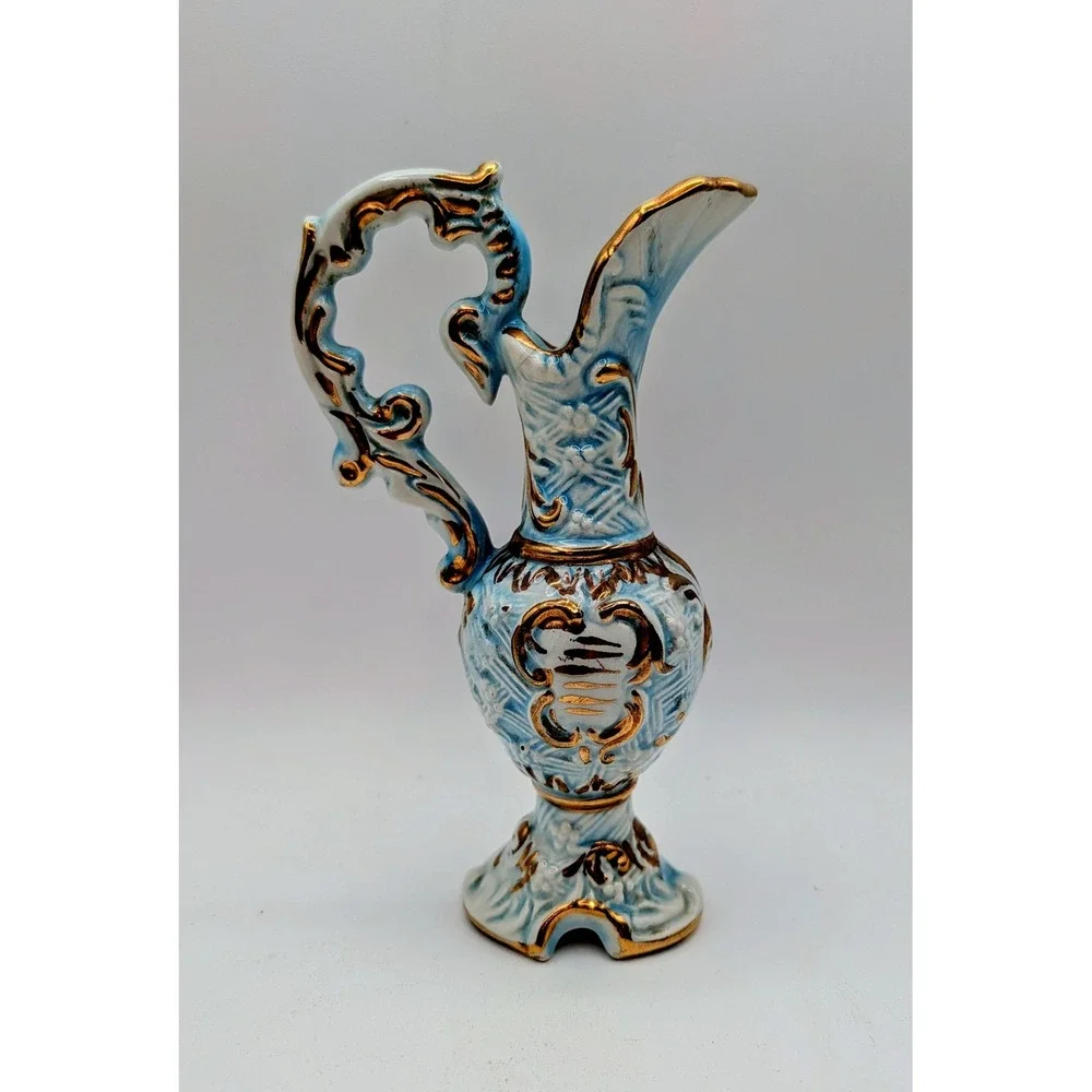 Vintage Capodimonte Italy Blue Gold Gilt Miniature Pitcher Ewer Vase Signed 6.5
